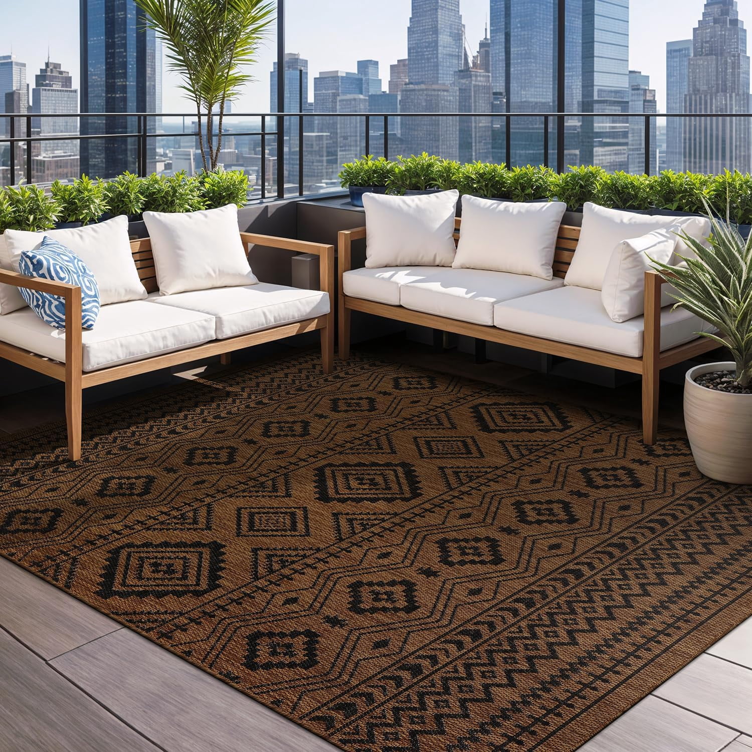 Beverly Rug Outdoor Area Rugs, Waterproof Patio Porch Garden Nut Brown and Black, 9'x12'