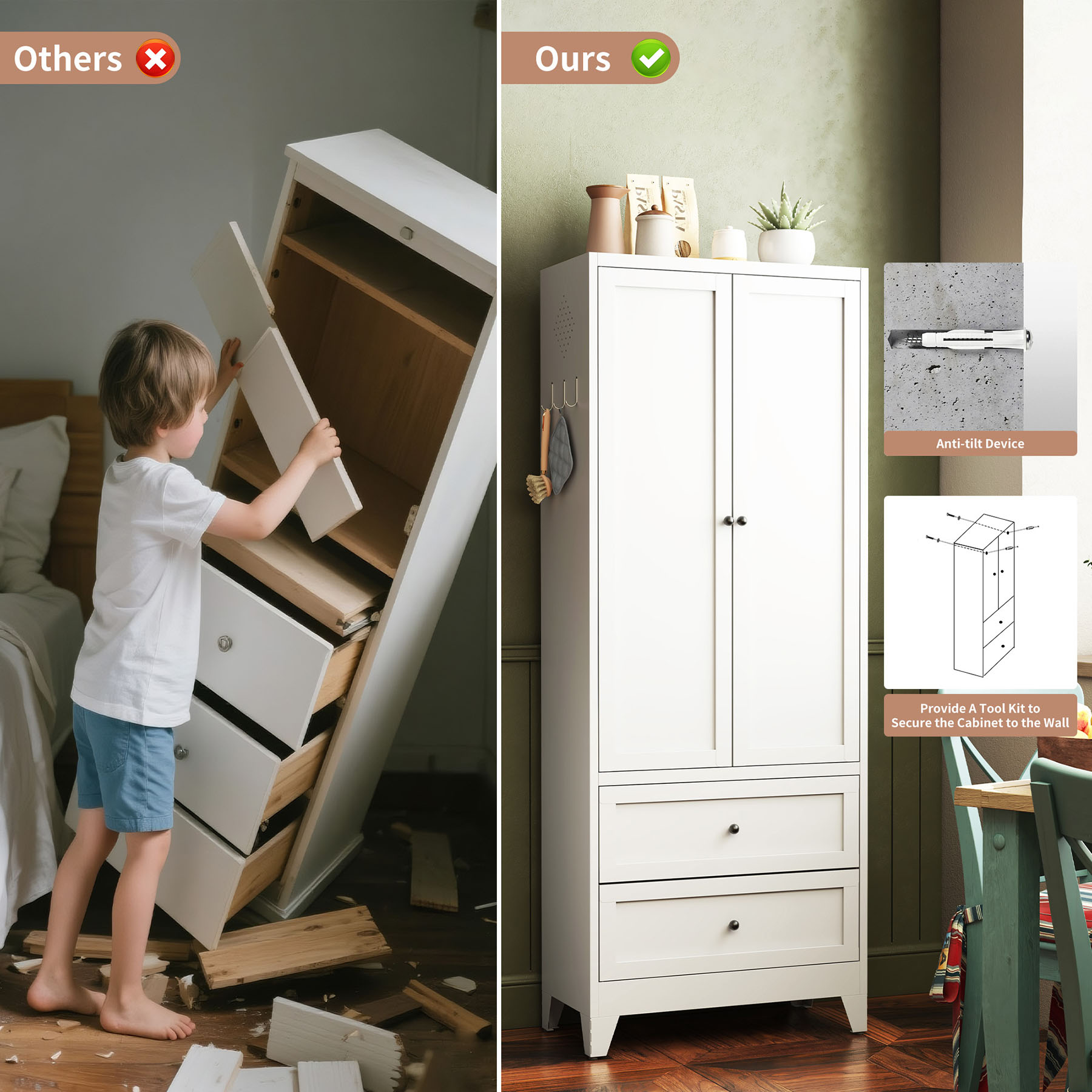 S-HOME Heavy-Duty 72 Inch White Pantry Cabinet with 2 Drawers, Freestanding Kitchen Organizer with Adjustable Shelves and Spice Storage