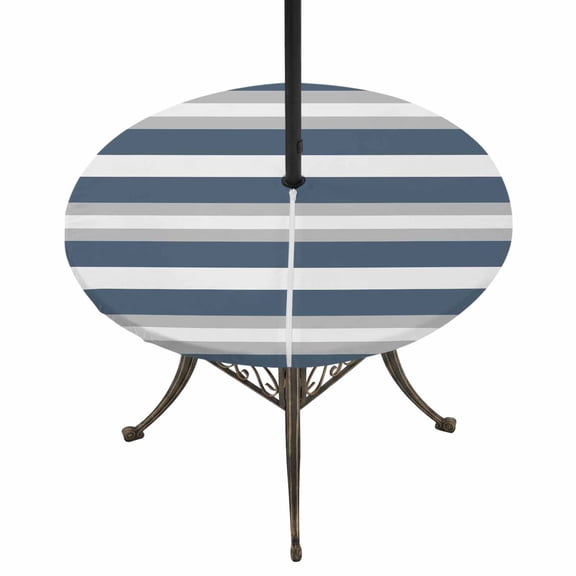 Round Outdoor Tablecloth with Umbrella Hole and Zipper, Haze Blue Stripe Tablecloth with Elastic Waterproof, Farmhouse Blue Gray Striped Patio Table Covers for 55" - 60" Picnic Pool Tables