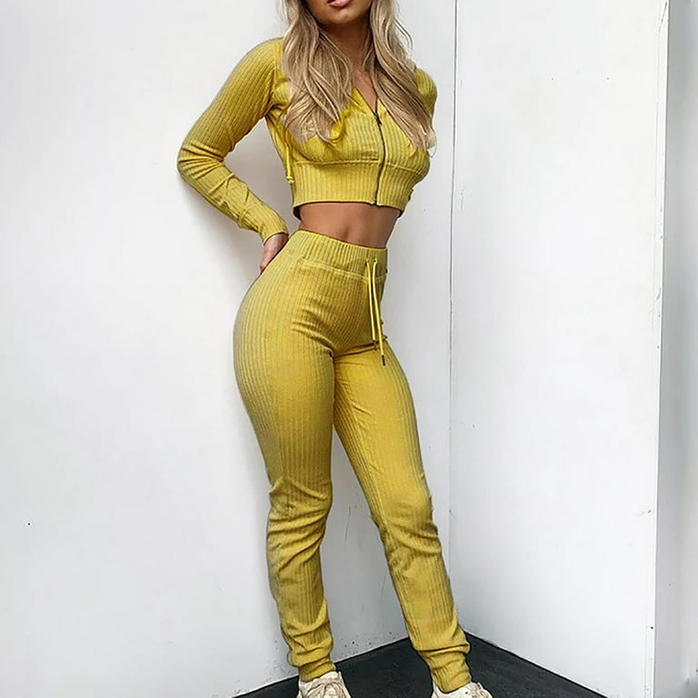 Fashion Outfits Workout Sets for Women 2 Piece Ribbed Long Sleeve Zipper V  Neck Crop Tops High Waist Drawstring Leggings Yoga Outfit 