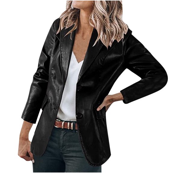 hgsbede Women's Solid Lapel Buttons Temperament Motorcycle Jacket Leather Suit Coat