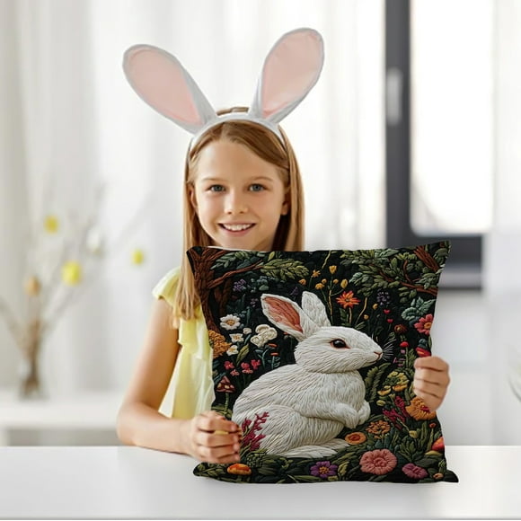 Easter Decoración del hogar Easter Bunny Egg-Print Pillowcase with Embroidery Inspiration Polyester Christmas Pillowcase Decoración del hogar