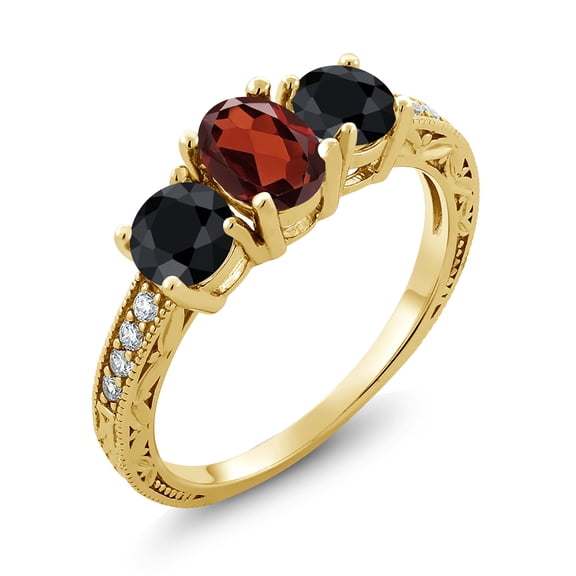 Gem Stone King 2.37 Ct Oval Red Garnet Black Sapphire 18K Yellow Gold Plated Silver Moissanite Ring (Size 5)