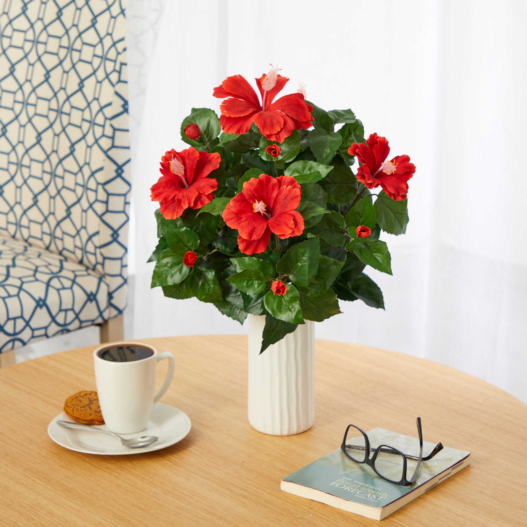Nearly Natural 20in. Hibiscus Artificial Plant Artificial Plant in White Planter