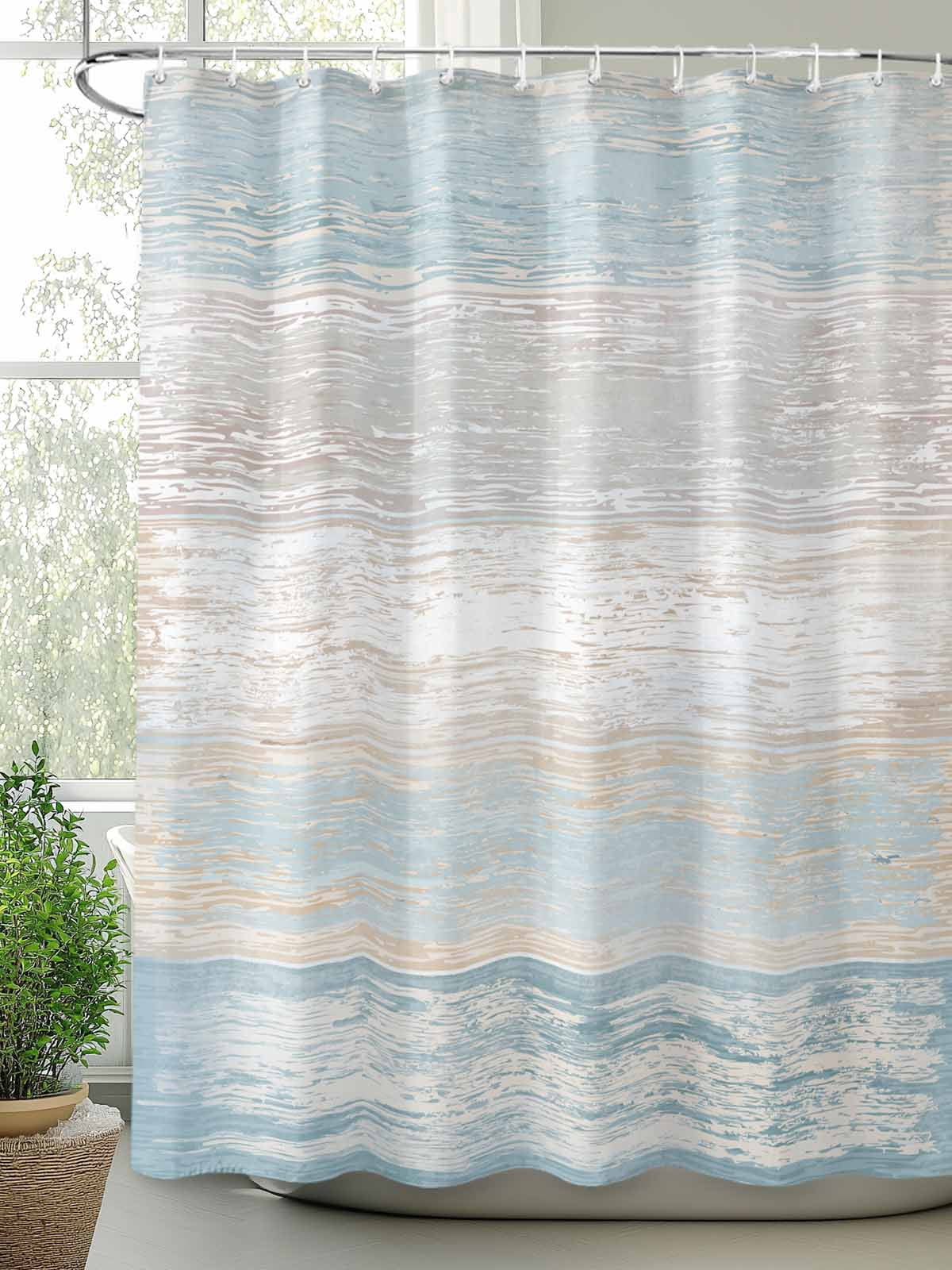 Blue Beige Farmhouse Standard Shower Curtain Set, Waterproof Shower Curtains for Bathroom, Vintage Wooden Striped Washable Fabric Cloth Bath Curtain for Bathtub Decoration with Hooks 72x72 Inches