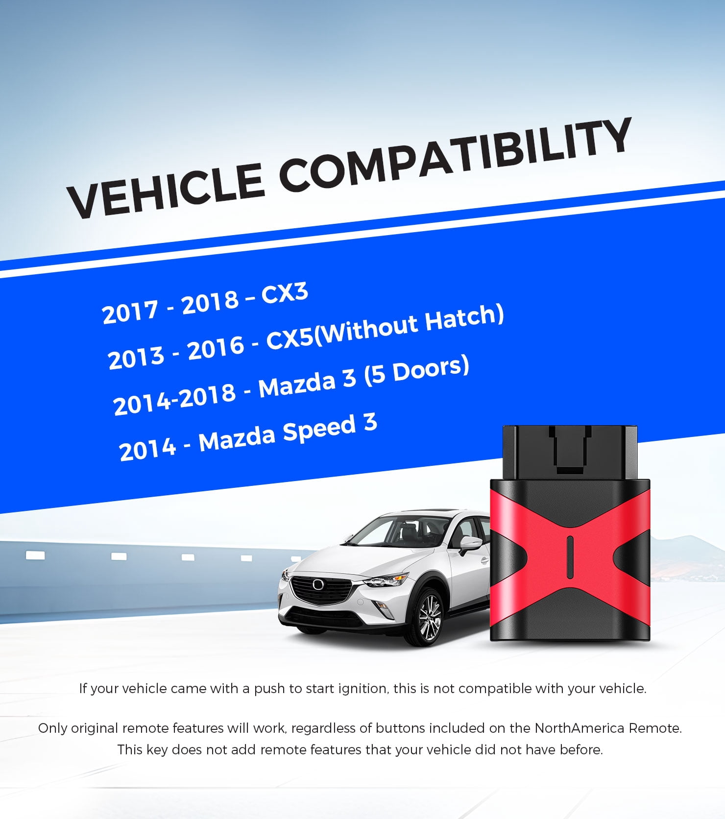 Replacement Smart Key Fob with DIY Setup Tool Compatible for Mazda 3 5 CX-3 CX-5 2012 - 2018, Keyless Entry Remote FCCID WAZSKE13D01