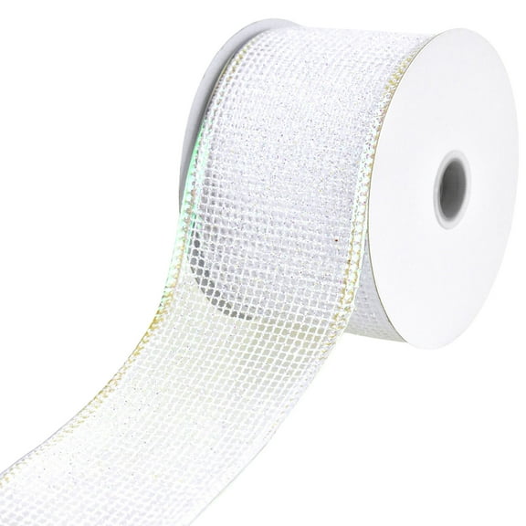 Homeford Christmas Glittered Net Metallic Edge Wired Ribbon, 2-1/2-inch, 10-yard, Iridescent White