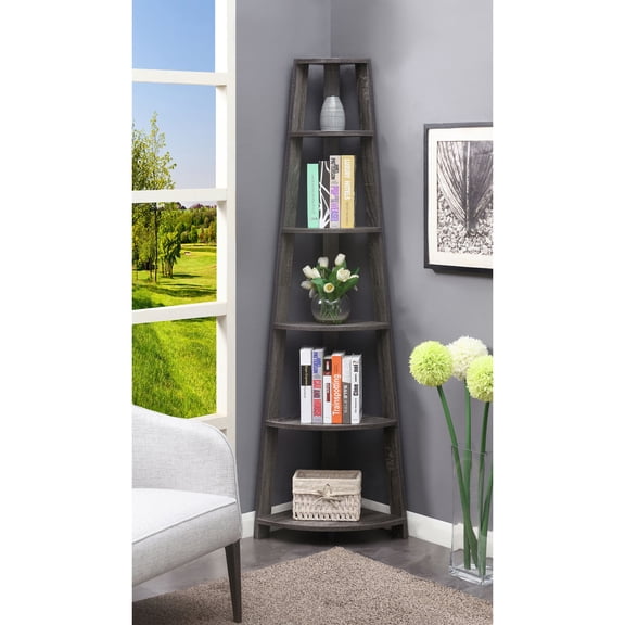 Vogue 5 Tier Corner Bookshelf, Weathered Gray Finish, 5 Shelves for Ample Storage, Unique Corner Design, Perfect for Small Spaces & Modern Homes