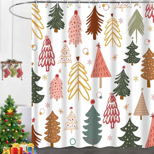 Merry Christmas Shower Curtain Tree Set, Xmas New Year Holiday Winter Snowflake Pattern Shower Curtains for Bathroom Decor Washable Durable Fabric Polyester Waterproof with 12 Hooks, 72x72 Inch