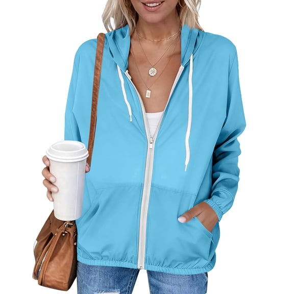 MORESEC Women's Casual Hooded Zip Up Jacket Loose Fit Solid Color Outerwear Spring Vacation Fashion Clothes, Light Blue L