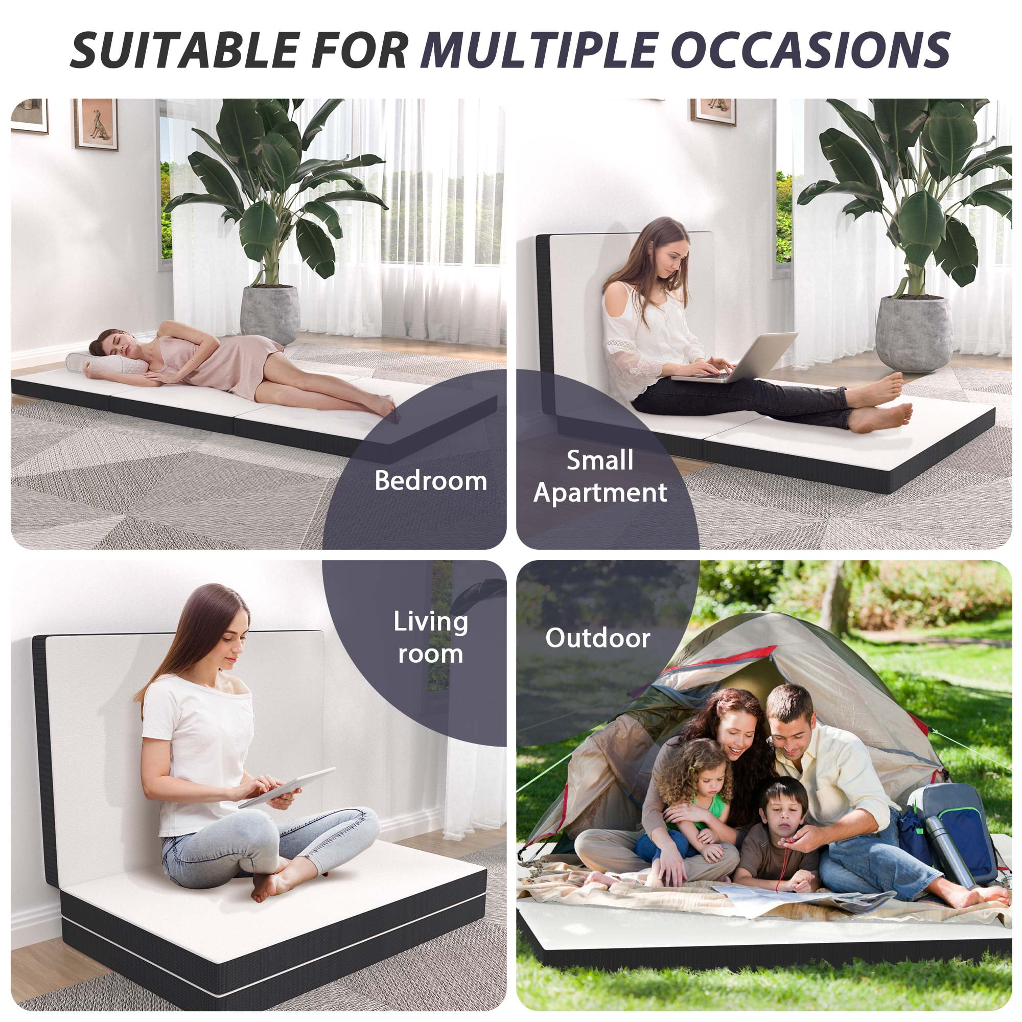 YRLLENSDAN 3 inch Folding Mattress Tri Fold Memory Foam Mattress Topper Portable Foldable Mattress Topper with Washable Cover Non-Slip Bottom for Camping Guest Floor RV, Twin