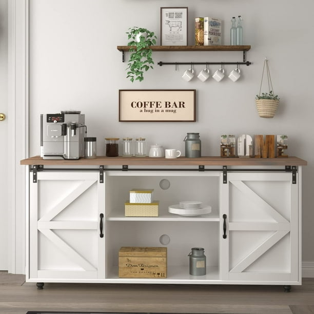Farmhouse Coffee Bar with Sliding Barn Door, 58" Buffet & Sideboard Wood Coffee