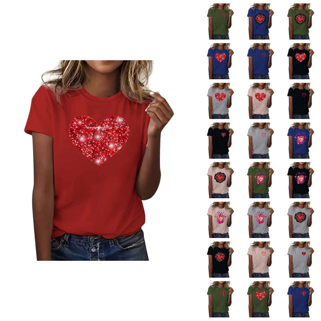 T-shirts de la Saint-Valentin pour Femmes 2026 Mode Manches Courtes Col Rond Cœur Graphique