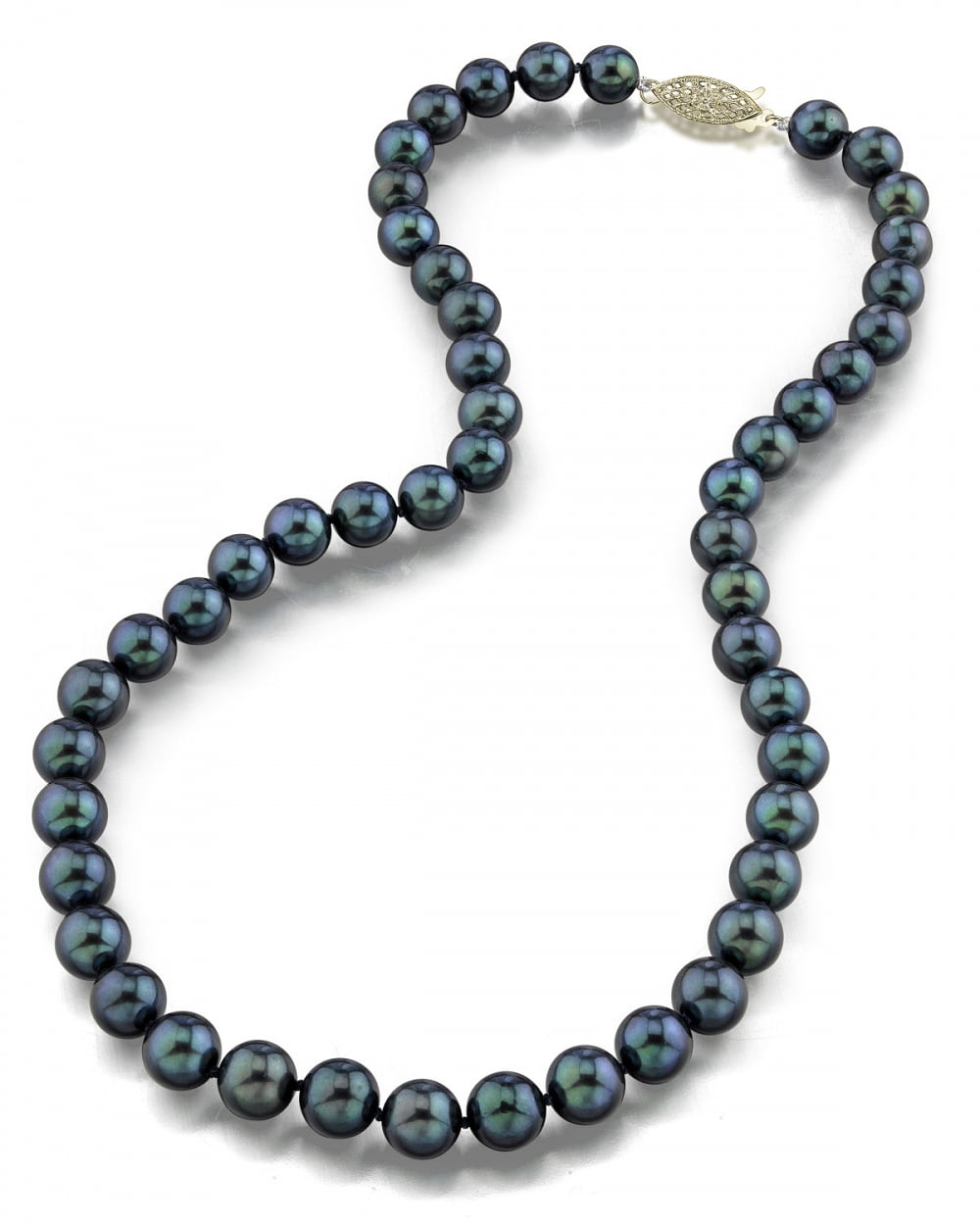 14K Gold 7.0-7.5mm Black Akoya Cultured Pearl Necklace AA+ Quality, 18" Princess Length by The Pearl Source