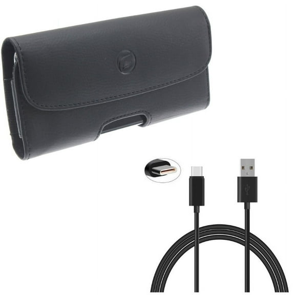 Black Leather Case Side Cover Protective Pouch w Black 6ft Long Type-C USB Cable w Turbo Charging Support Wire Sync Rapid Charge K3W for Samsung Galaxy S10 Plus A50 - Sony Xperia XZ3