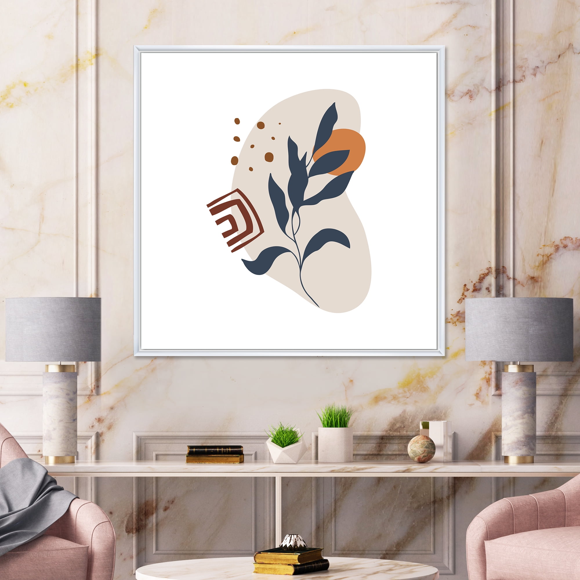 Designart 'Abstract Minimal Shapes Under Flowers VII' Modern Framed Canvas Wall Art Print