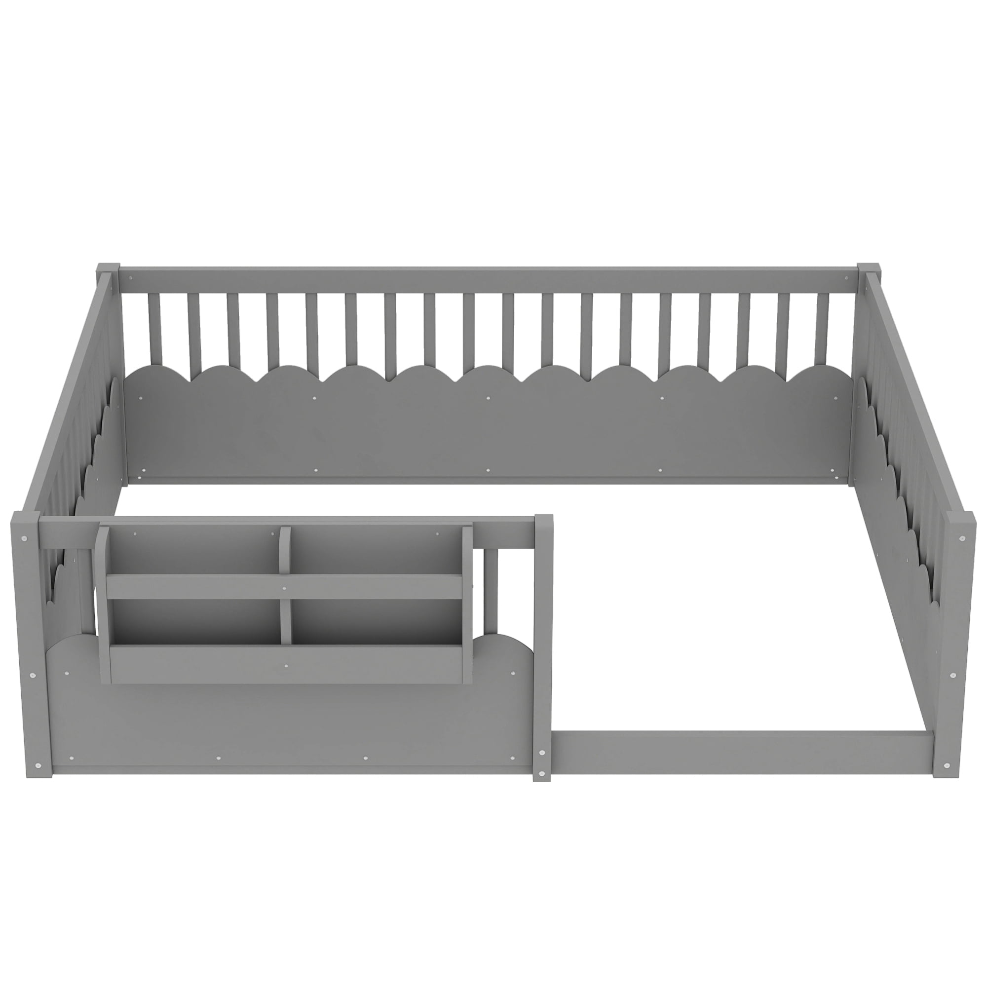 Mintazer Full Montessori Floor Bed with Bookshelf & Heightened Fence, Kids Wood Floor Bed for Boys and Girls, Gray