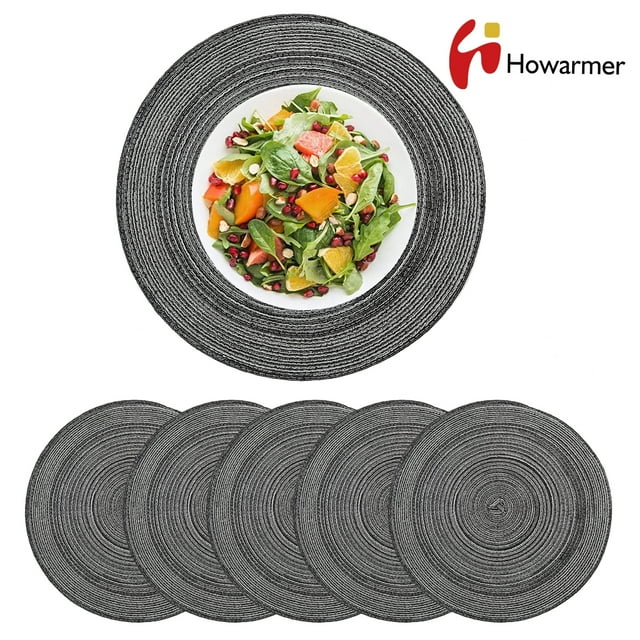 Howarmer Black Placemats Set of 6, 15 inch Washable Round Kitchen Table