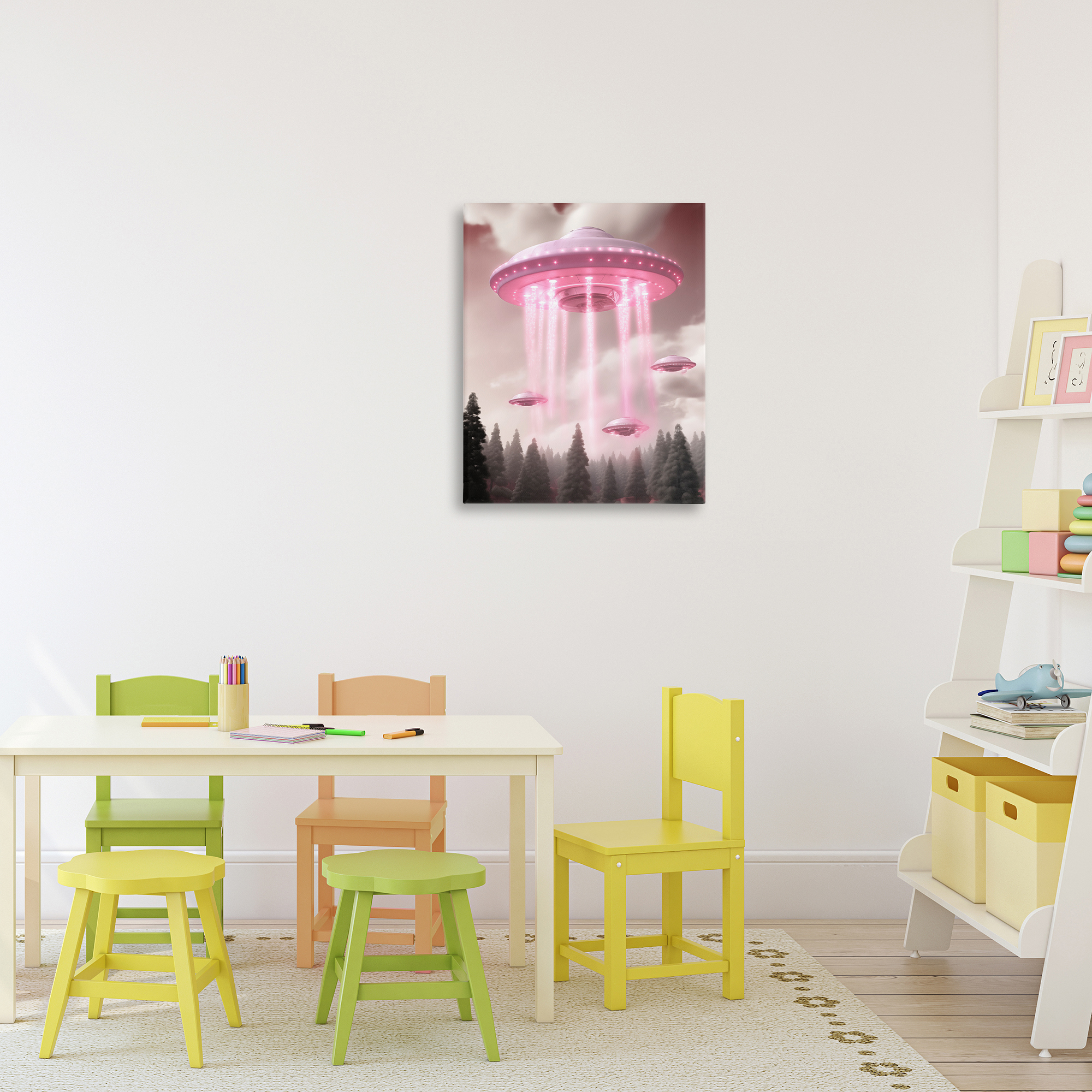 Glam UFO with Pink Beams Canvas Wall Art, design by Sasha