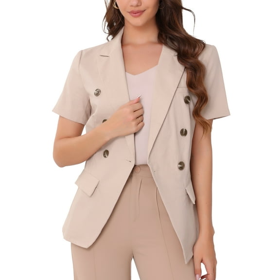 INSPIRE CHIC Women's Office Short Sleeve Turndown Collar Double Breasted Flap Pockets Blazer XS Light Pink