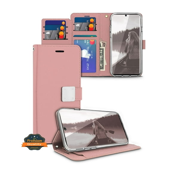 Samsung Galaxy A11 Phone Case Wallet PU Leather with 5 Card Slots ID Credit Card Holder & Cash Compartment Pouch Flip Magnetic closure Stand & Wrist Strap [Rose Gold] Cover for Samsung Galaxy A11