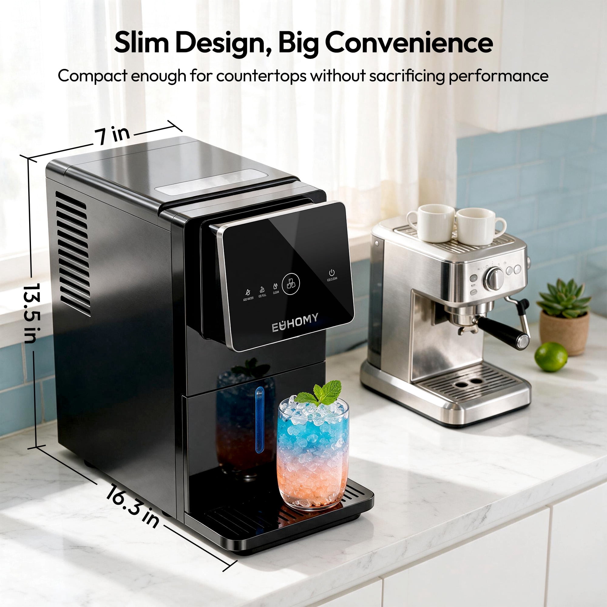 EUHOMY Countertop Nugget Ice Maker,40 lbs/24H，On-Demand Dispensing, Self-Cleaning with Drip Tray, Black