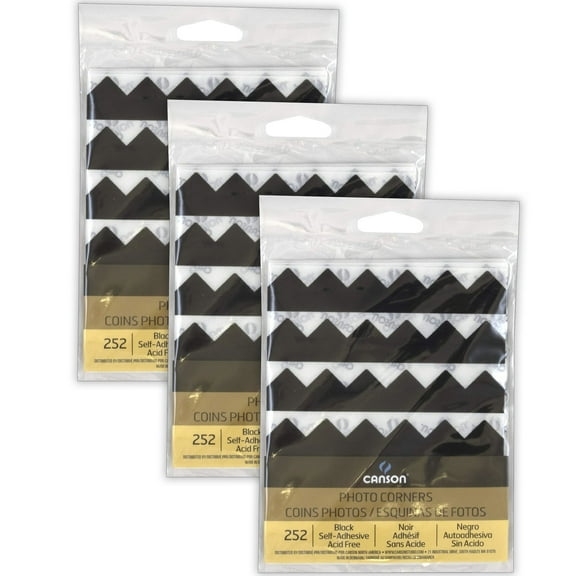 Canson Self Adhesive Photo Corners, Black, 252 Pieces Per Pack, 3 Packs