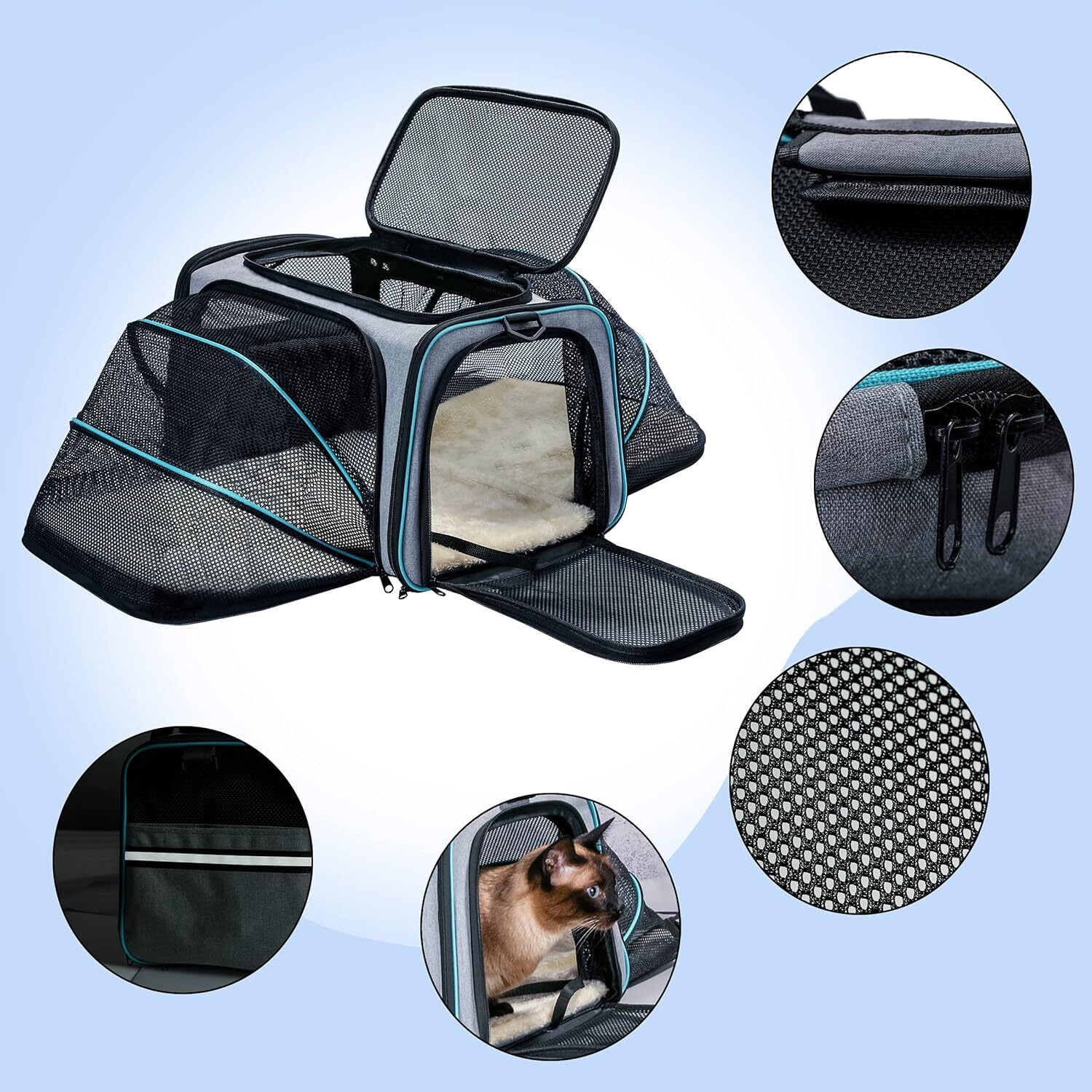 RUseeN Large Cat Dog Carrier - Airline Approved 4 Side Expandable Soft-Sided Pet Carrier with Removable Fleece Pad and Pockets, Cat Carrier Large for 2 Cats/Puppy and Small Animals