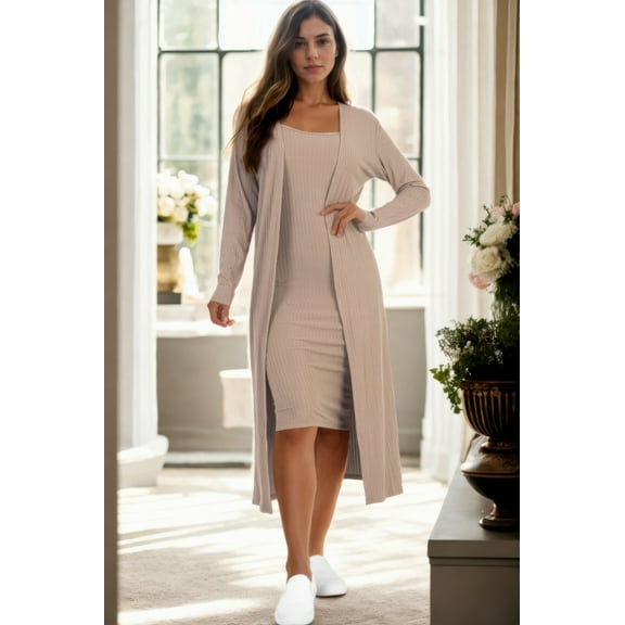 Ribbed Cardigan & Cami Midi Bodycon Dress