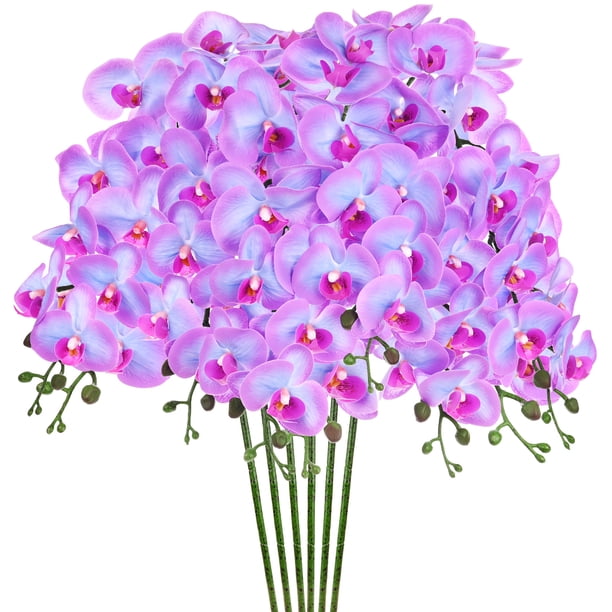 Uxcell 6-Pack Flores de Orquídea Artificial 9 Pétalos Grandes 37 Pulgadas Ramo de Seda Phalaenopsis Azul Púrpura Orquídeas Falsas para Hogar/Boda
