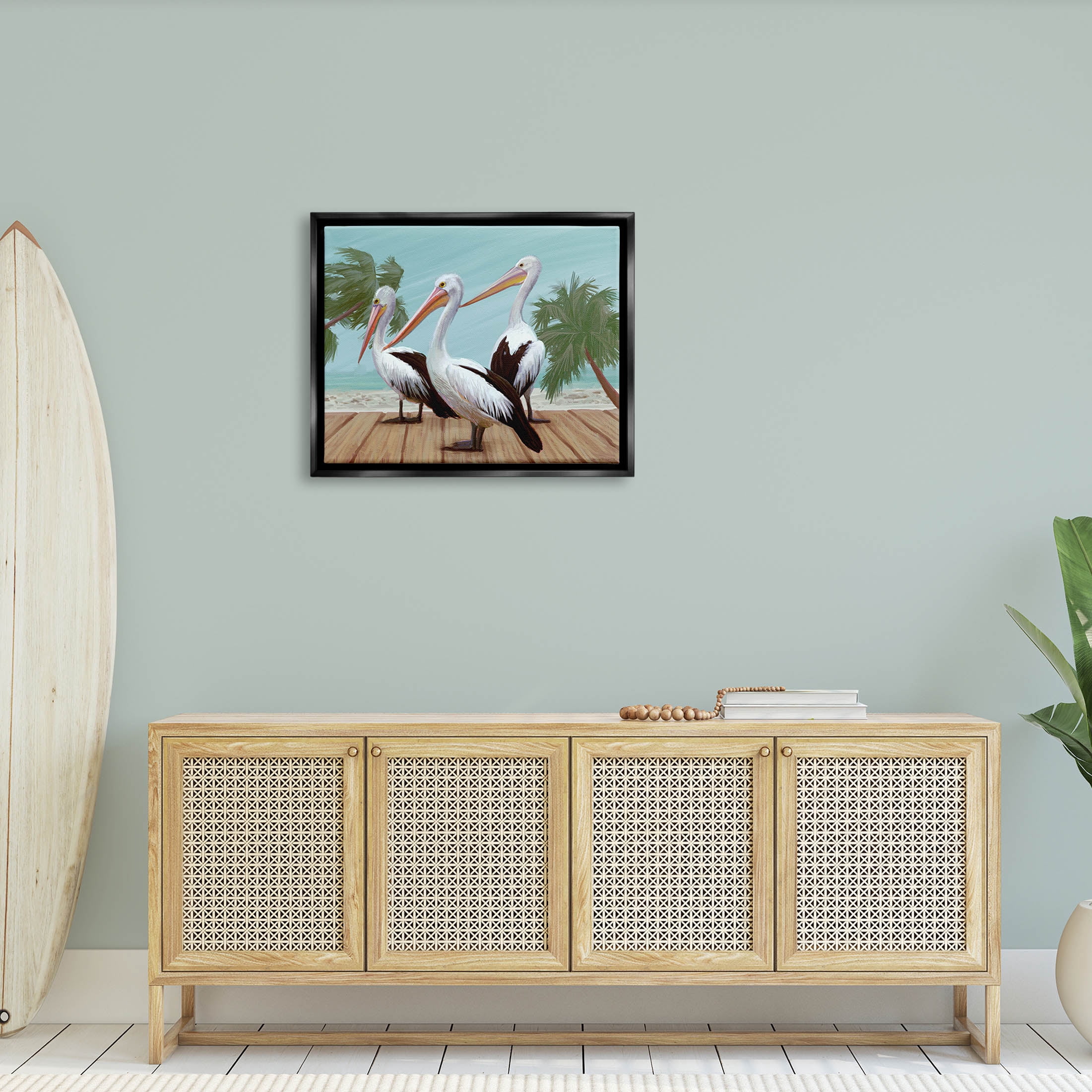 Stupell Industries Tropical Pelicans Beach Boardwalk Painting Jet Black Floating Framed Canvas Print Wall Art, Design by Ziwei Li