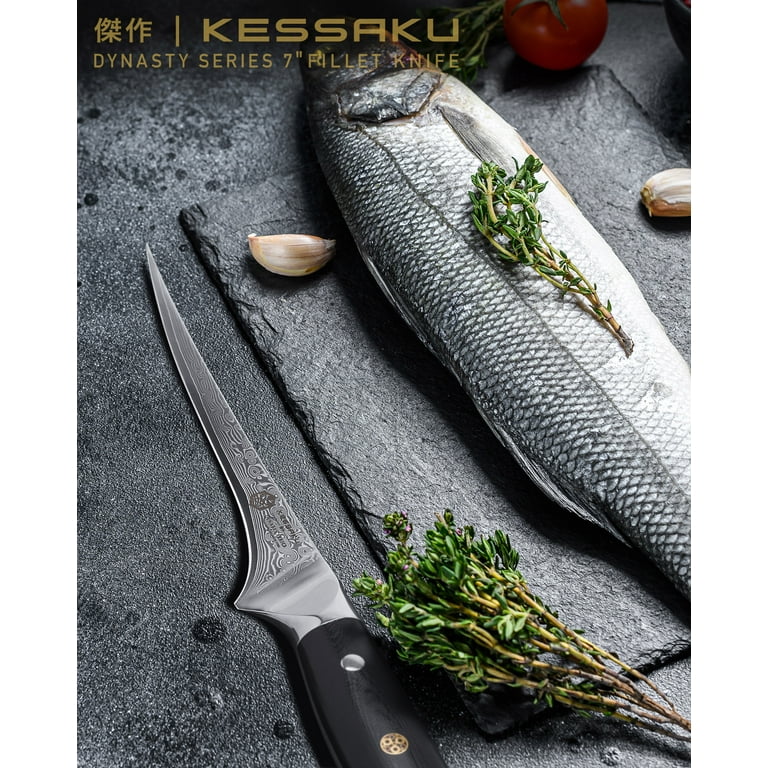 Kessaku Fillet Knife and Leather Sheath with Belt Loop - 7 inch - Damascus  Dynasty Series - Flexible - Razor Sharp - Forged Japanese AUS-10V High  Carbon Stainless Steel - G10 Garolite Handle 