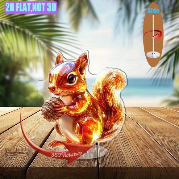 Rotating acrylic accessory featuring a cartoon squirrel with acorn stunning glass texture and vibrant colors on a white background in high resolution