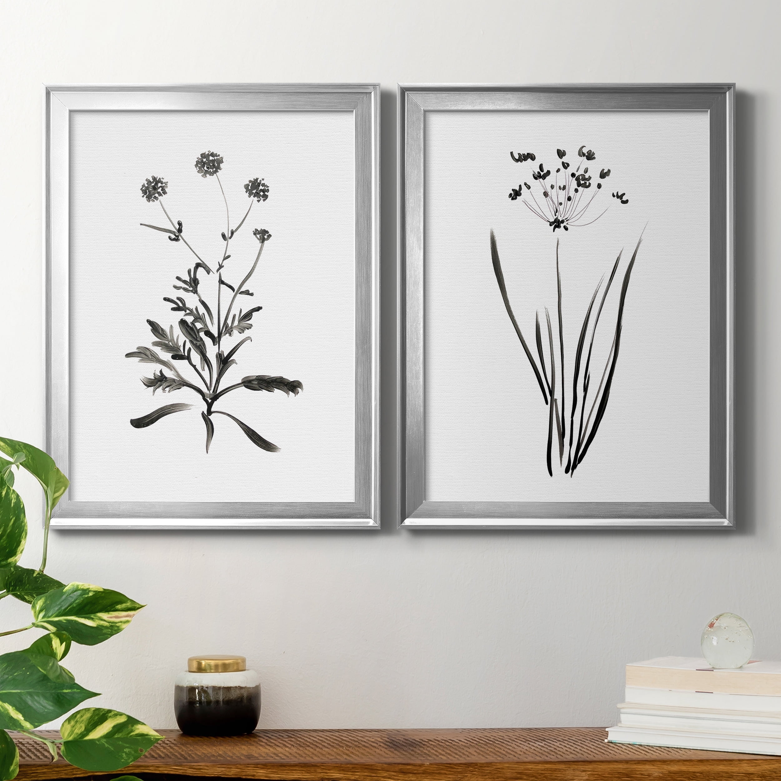 2 Piece Set Inky Botanical I Premium Framed Canvas - Ready to Hang - 18.5 x 24.5 Each - Silver Frame