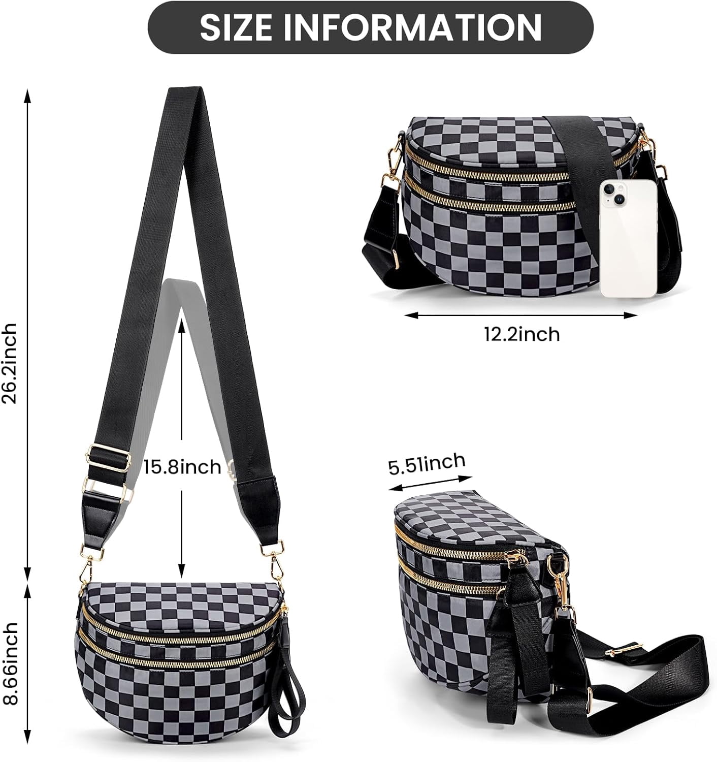 Checkered Crossbody Bag,Spacious Bum Bags for Women Nylon Crossbody Fanny Packs Checkered Purse Belt Wallet