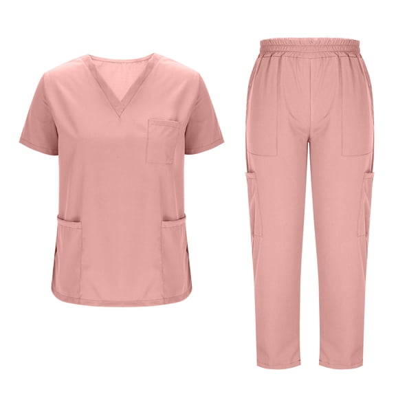 HOMBOM Womens Medical Scrubs Short Sleeve Pink V Neck Scrub Top and Pant Set Nursing Uniforms for Women Modern