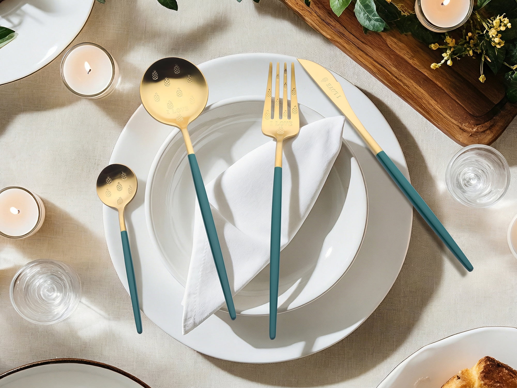 Unique Bargains 4 Piece Silverware Set, Stainless Steel Floral Flatware Set Green 4