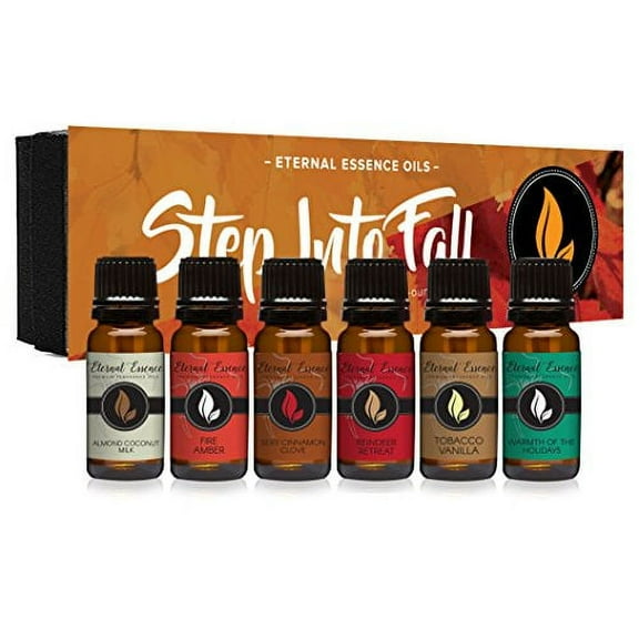 6 piece Eternal Essence Step Into Fall Gift Set Premium Fragrance Oils Almond Coconut Milk, Fire Amber, Sexy Cinnamon Clove, Reindeer Retreat, Warmth of The Holidays, Tobacco Vanilla
