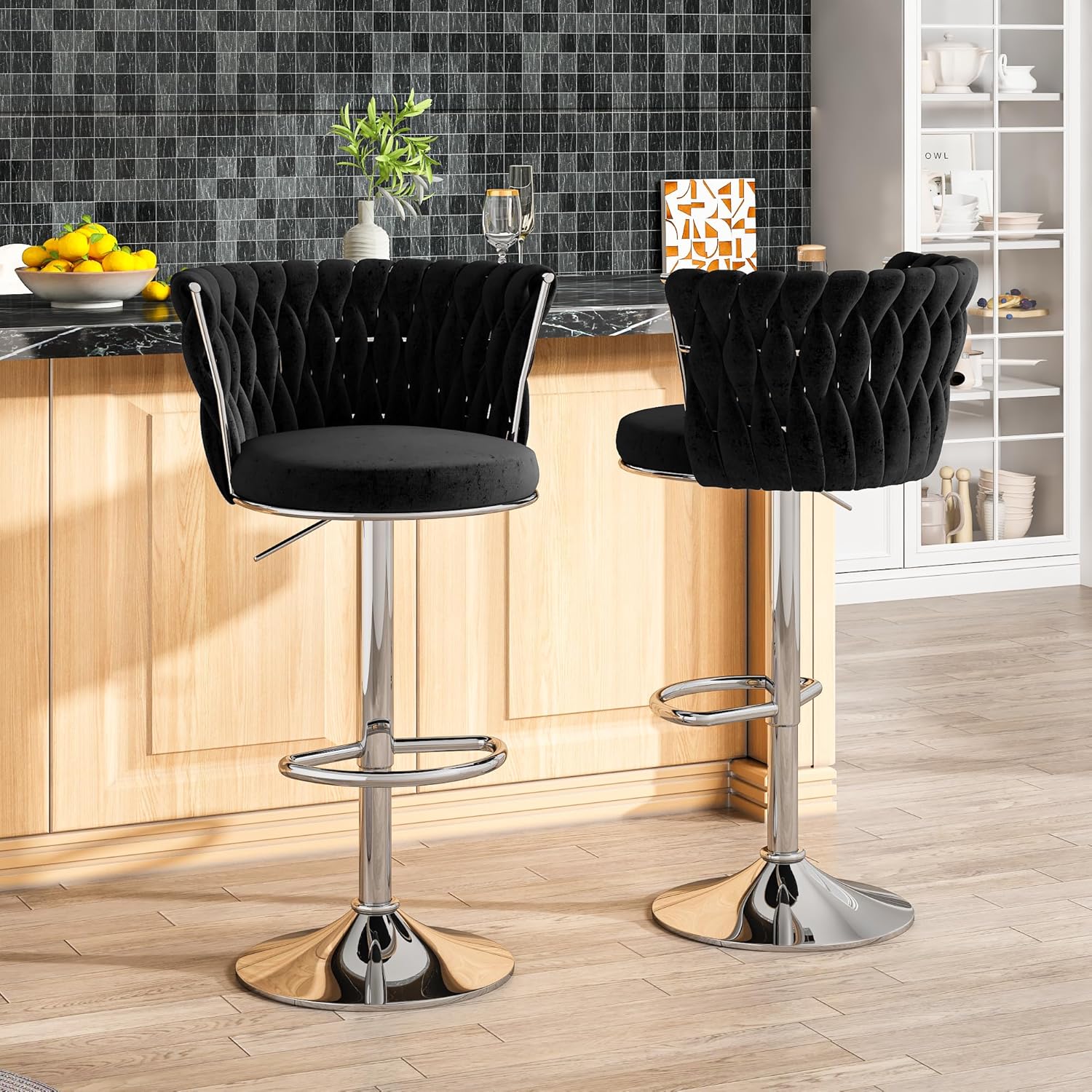 LinkRomat Velvet Bar Stools Set of 2,Swivel Counter Height Bar Stools with Backrest and Footrest,for Kitchen Island Dining Chairs,Black