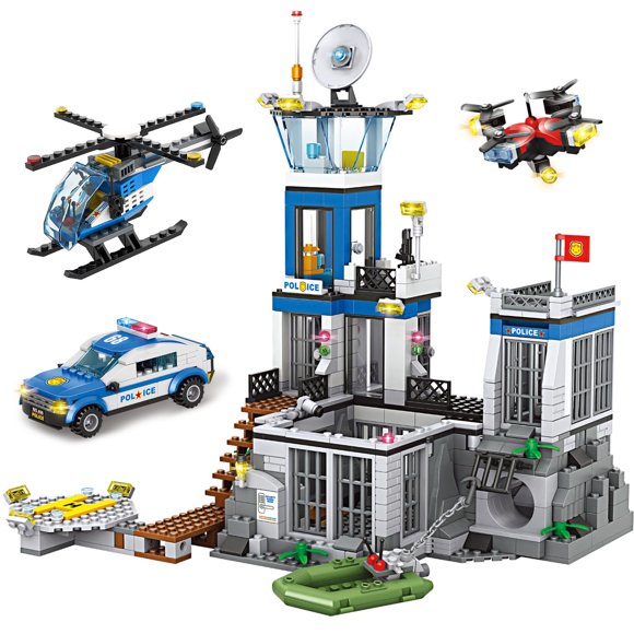 Ensemble de Blocs de Construction d'Île de Prison de Police de Ville, Kit de Jouet de Construction de Poste de Police avec Voiture de Police Drone Hélicoptère Bateaux, Meilleur Cadeau de Jouets Préscolaires pour K