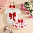 thumbnail image 2 of NOLDARES Newborn Baby Girl Romper 3Pcs Clothing Set Jumpsuit Ruffle Trim Short Sleeve Shorts Bow Headband Summer Outfits(Red,3-6 M), 2 of 7