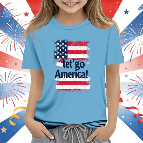 Amidoa Girls Short Sleeve Independence Day Summer Graphic Crewneck T Shirts Kids Casual Tops Blue Size 13