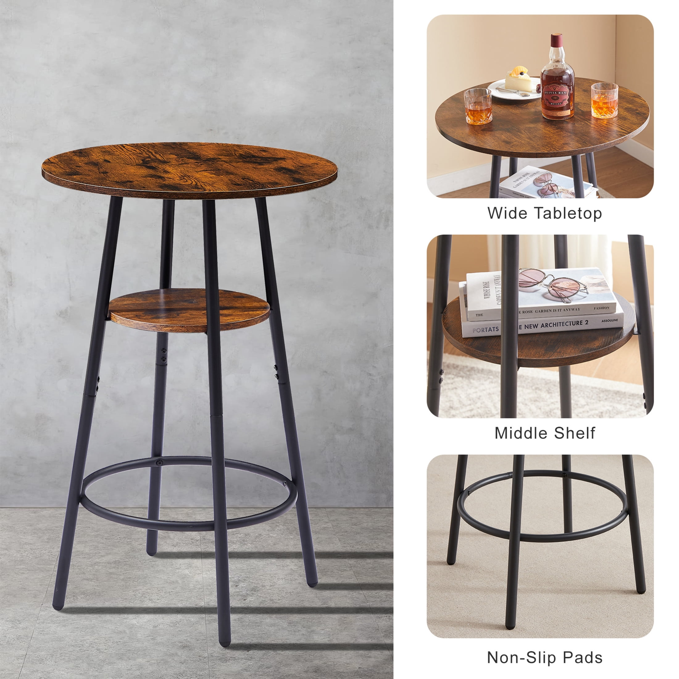 Noble House Round 3-Piece Bar Set, Pub Table with Shelf & 2 Upholstered Stools, Industrial Small Space Design, Rustic Brown