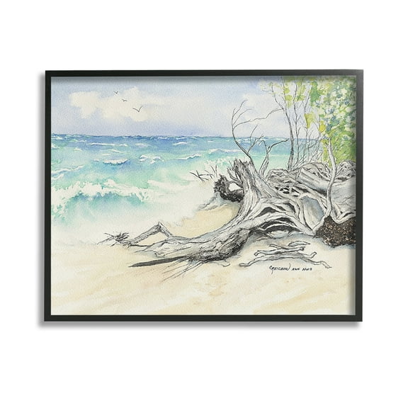 Stupell Industries Beach Driftwood Landscape Landscape Painting Black Framed Art Print Wall Art, 14 x 11