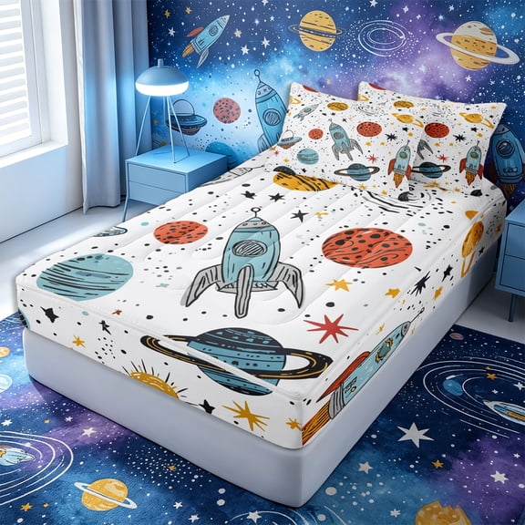 Erosebridal Minimal Sketch Space Craft Zipper Twin Comforter Sets with Fitted Sheet and 2 Pillowcases,Dot Star Cosmic Backdrop Zipper Bedding Set,White Blue Orange,4-Piece,Reversible