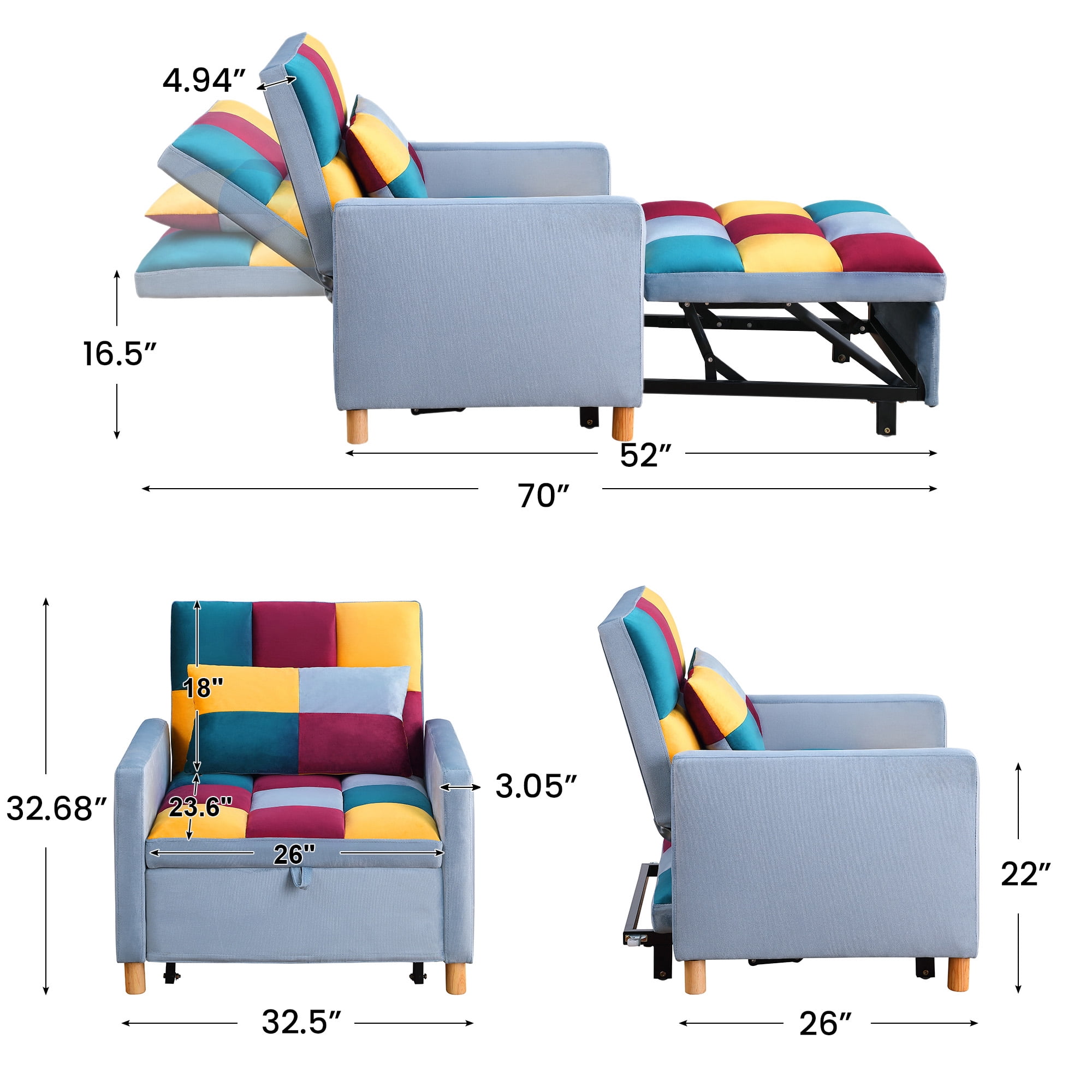 Aukfa 3-in-1 Sleeper Chair, Convertible Pull Out Chair Bed for Small Space, Patchwork