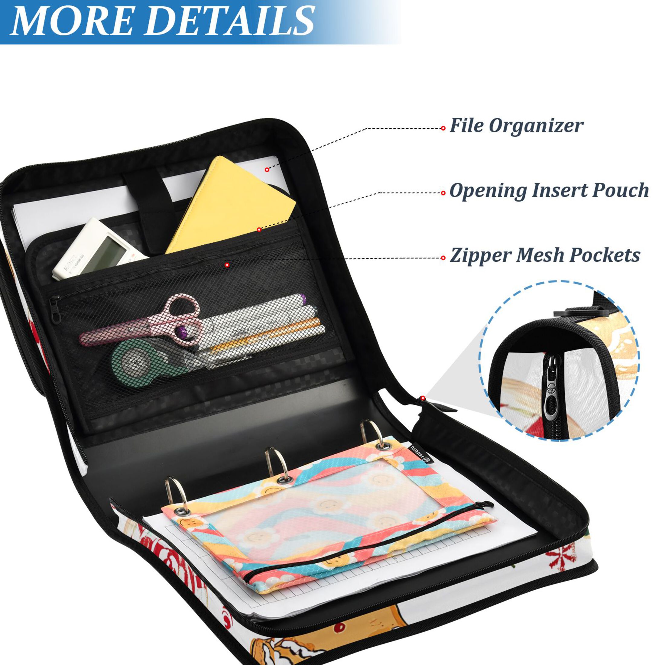 3 Ring Zipper Binder with Shoulder Strap Waterproof Trapper Keeper 2 Inch D-Ring 500 Sheets Capacity Gingerbread Men Holly Leaves