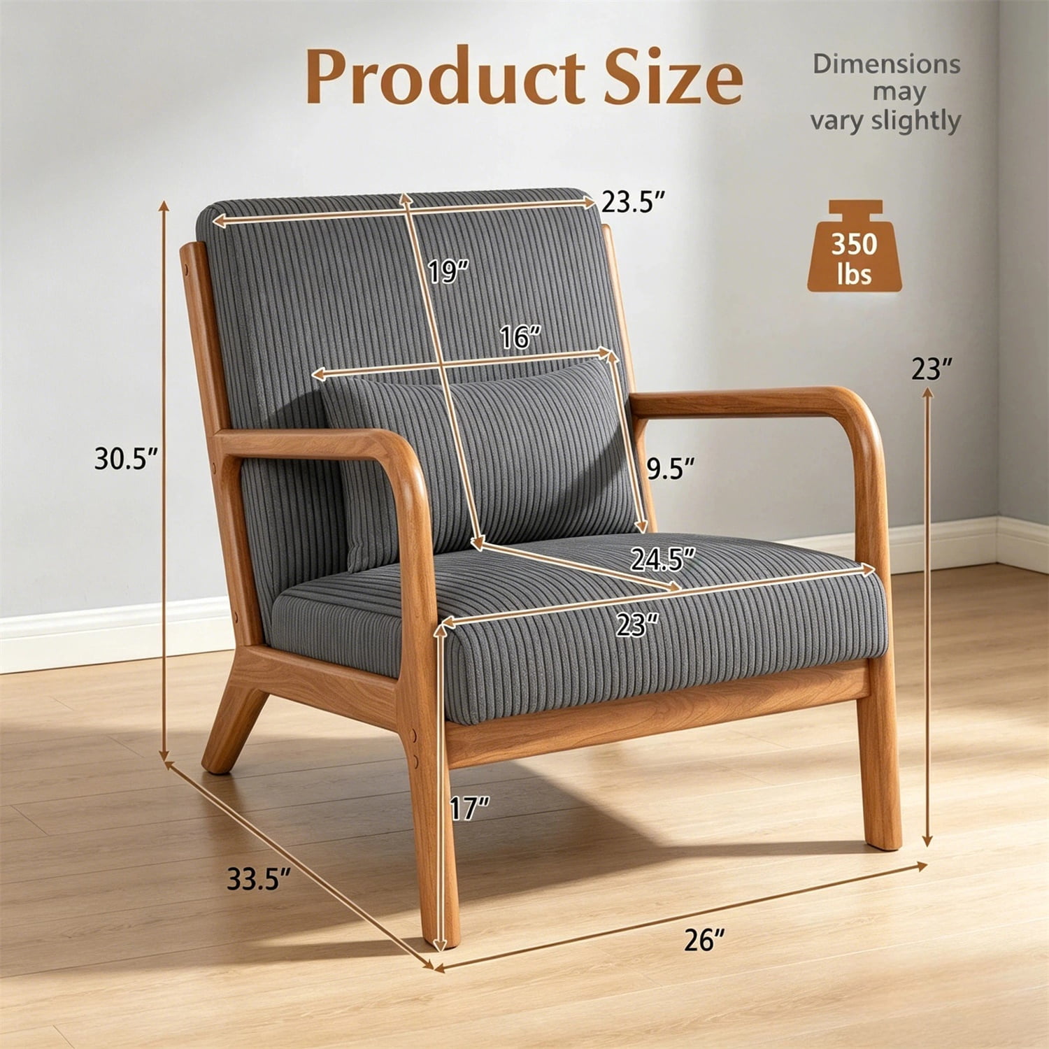 Hommoo Modern Accent Chair, Striped Corduroy Fabric Arm Chair with Solid Wood Frame, Upholstered Comfy Reading Chair for Home, Gray
