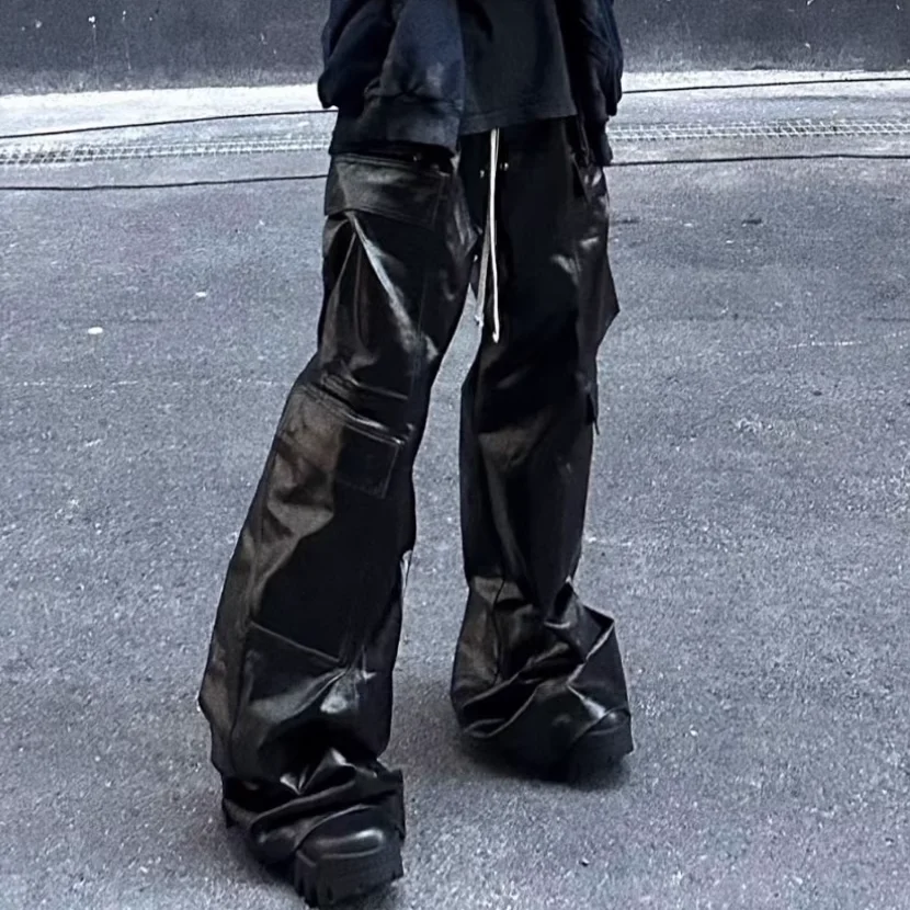 RO Style Glossy Black Pu Leather Pants for Men High Street Y2k