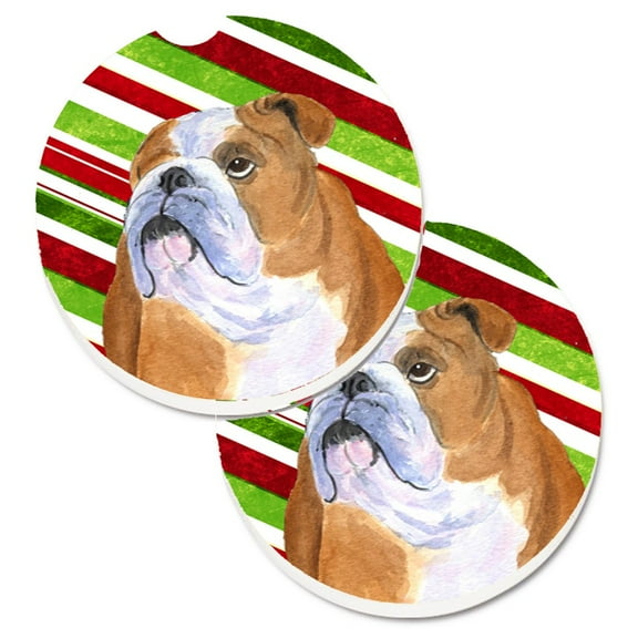 Carolines Treasures SS4560CARC Bulldog English Candy Cane Holiday Christmas Set of 2 Cup Holder Car Coasters Large